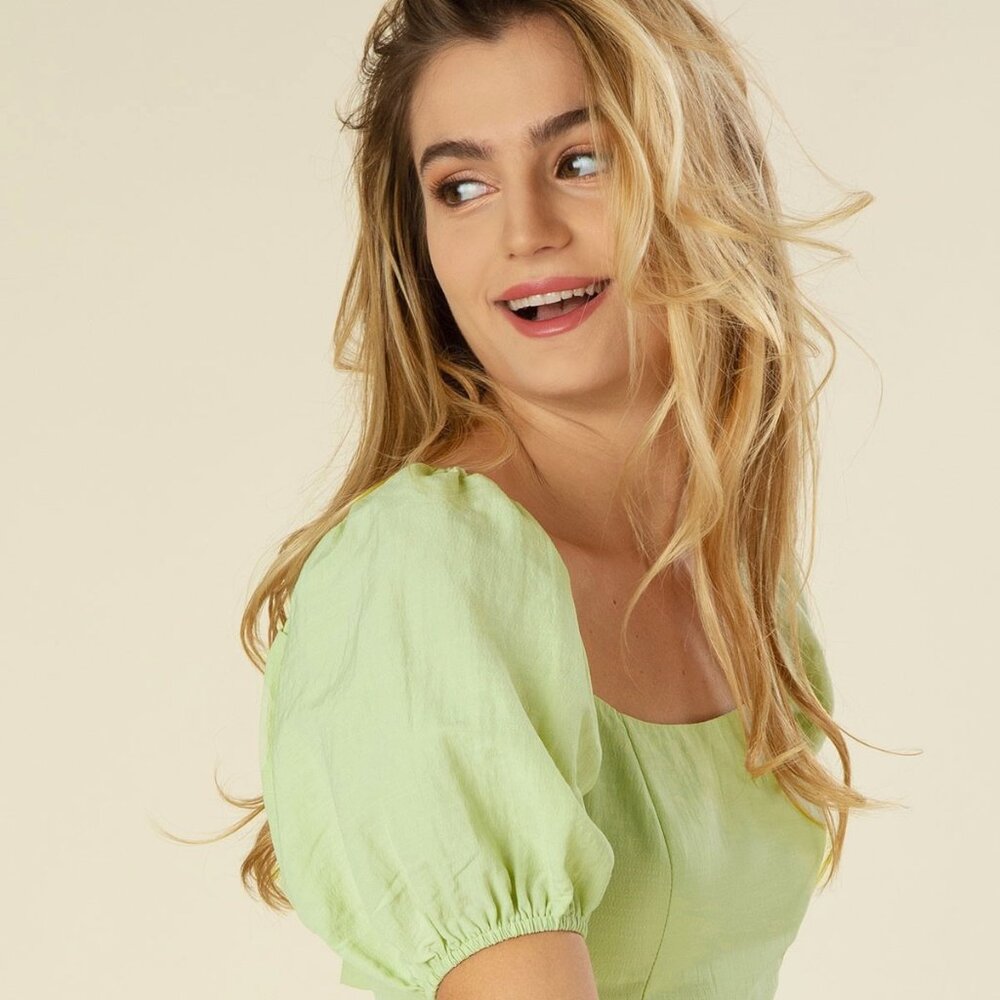 Tie back dress with puff sleeves Spring Green Color